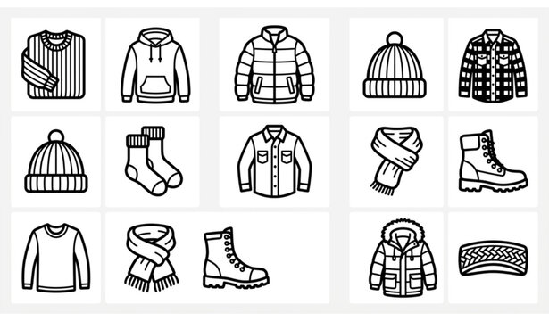 Winter apparel line icons vector set minimalist clothing and knitwear black and white