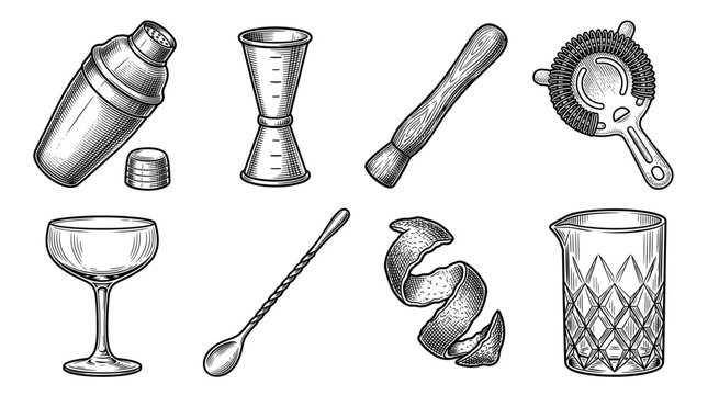 Vintage Engraved Bar Tools and Cocktail Equipment Vector Illustration Set Featuring Shaker Jigger Muddler Strainer Bar Spoon and Glassware