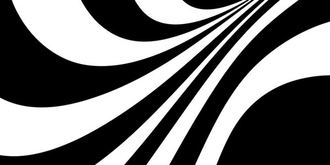 Naklejka premium Abstract black and white visual art creating an optical illusion, featuring converging and diverging stripes forming a dynamic, wavy pattern with a sense of depth