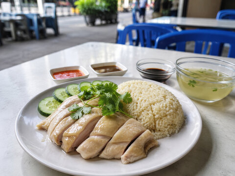  Hainanese Chicken Rice servido en un restaurante con pollo escalfado, arroz arom&aacute;tico, sopa ligera y salsas.