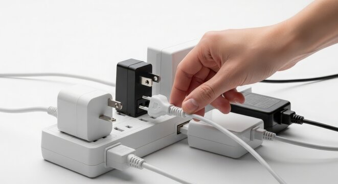 Connecting charger to power strip with multiple plugs and adapters for electronic devices, ensuring connectivity for gadgets and appliances.