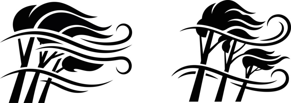 Black silhouette icons of trees blowing in the strong wind