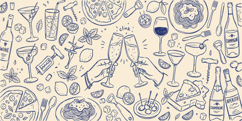 Celebration doodles with drinks food and glassware in a hand drawn style © Jamalvect
