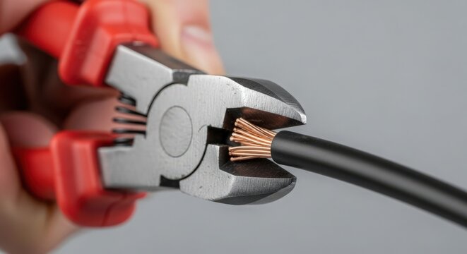 Hands using pliers to cut electrical wire for DIY project. Pliers grip black electrical wire with exposed copper strands at end, showcasing essential tool for home improvement tasks.
