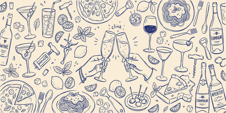 Celebration doodles with drinks food and glassware in a hand drawn style