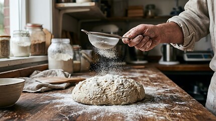 Fototapeta premium Baking, kitchen, flour, dough, bread making, rustic wood, cooking