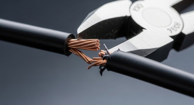 Electrical wire cut with pliers showing exposed copper strands and damaged insulation. Electrical maintenance involves safe handling of wires with tools like pliers for repairs.