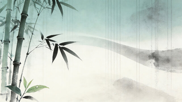 Ink wash green bamboo accompanied by smoke and rain, blending Eastern elegance with distant mountains, representing Eastern plant extracts, warm and soothing, and clear and nourishing skin care
