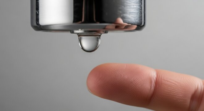 Water drop from faucet hovering above fingertip, showcasing moment before contact. Water drop from faucet prepares to touch fingertip, emphasizing tension in this unique scene.