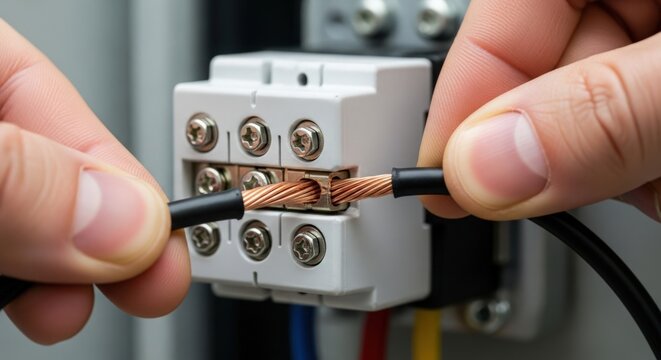 Hand connecting electrical wires to terminals on circuit breaker. Close-up of hands inserting copper wires into electrical terminal block. Concept of electrical installation and safety.