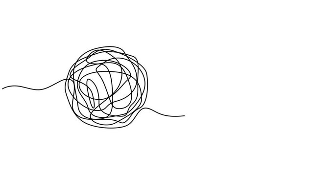 Animated self drawing of unraveling to glowing light bulb animation continuous one line drawing, Chaotic and mess lines with lightbulb continuous line drawing animation. Problem solving concept motion