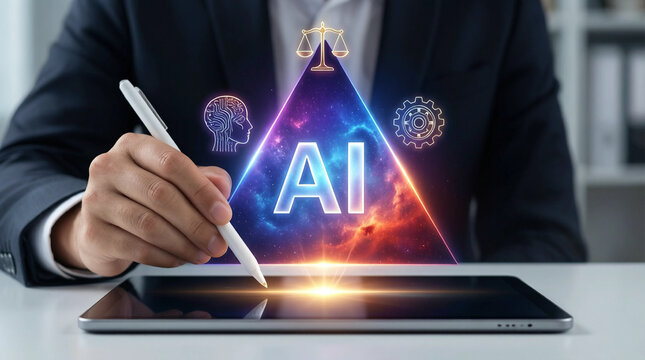 Businessman using stylus on tablet to interact with holographic AI concept visualization