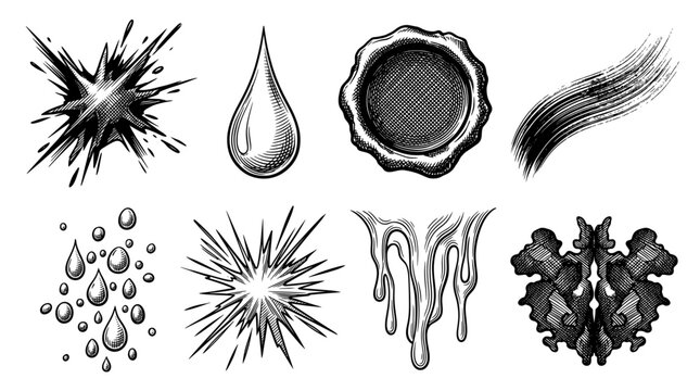 Engraving Style Graphic Elements Collection with Splashes, Water Drops, Wax Seal, Starburst, and Inkblot Vector Illustrations