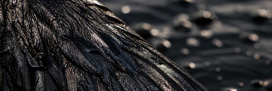 Bird wings covered with oil on dark water, website banner with copy space, pollution, wildlife