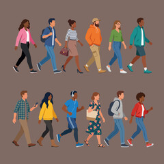 Fototapeta premium Diverse Group of People Walking Together in Urban Lifestyle Illustration