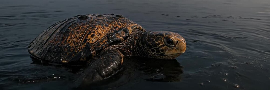 Sea turtle floating in oil spill water, website banner with copy space, marine pollution, ecology