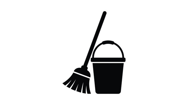 Broom and bucket silhouette against a white background