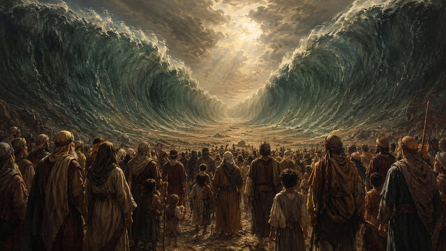 Biblical crowd crossing the parted Red Sea, Exodus scene