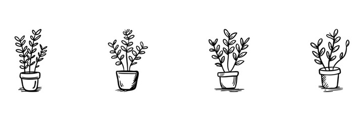 Fototapeta premium Potted Plant In Hand Drawn Style Set. Botanical Doodle Sketch Collection. Perfect For Gardening And Home Decor Projects. Isolated Vector Illustration
