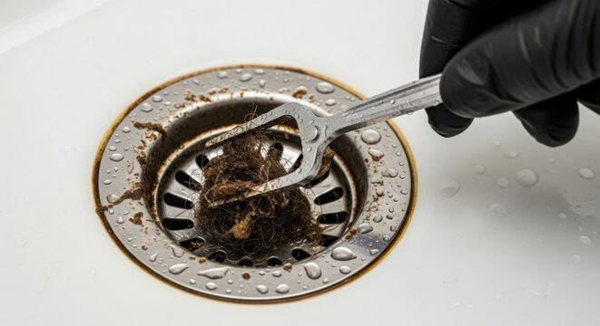Drain cleaning tool removing debris from sink with water droplets on surface. Cleaning procedure involves using tool to lift grime from drain. Concept drain maintenance and home repairs.