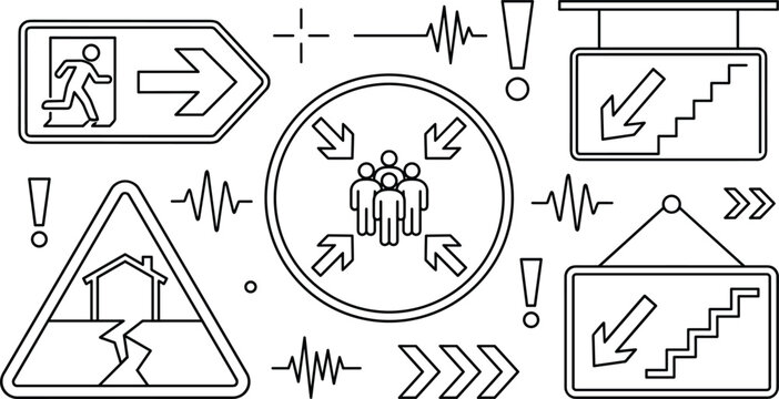 Emergency evacuation icon set with earthquake warning signs assembly point exit routes and staircase directions