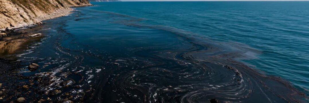 Oil spill washing onto rocky coast with copy space, website banner, marine pollution, coastline