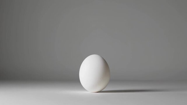 White egg balances on smooth surface in uncluttered grey background. Clear focus on shape and texture. Concept for culinary, food photography, kitchen supplies