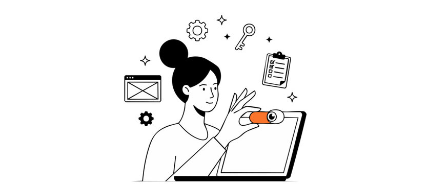 Laptop webcam privacy cover woman protecting personal data online with security settings checklist vector illustration, simple line art style concept for cyber safety, cybersecurity and digital trust