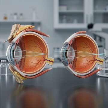 Healthy Eye vs Hyperopia Comparison, Farsighted Eye Anatomy, Medical 3D Illustration