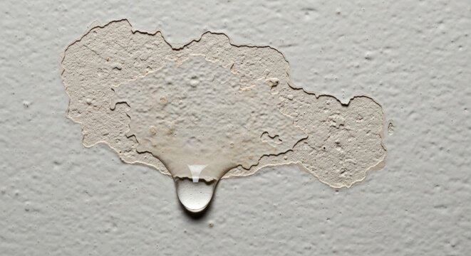 Close-up of water droplet on textured wall with peeling paint and moisture accumulation. Water droplet highlights damage and deteriorating surface, emphasizing effects of water exposure on interiors.