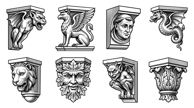 Gothic Architectural Corbels and Mythical Creature Ornaments Collection in Vintage Engraving Style with Gargoyle, Griffin, and Dragon
