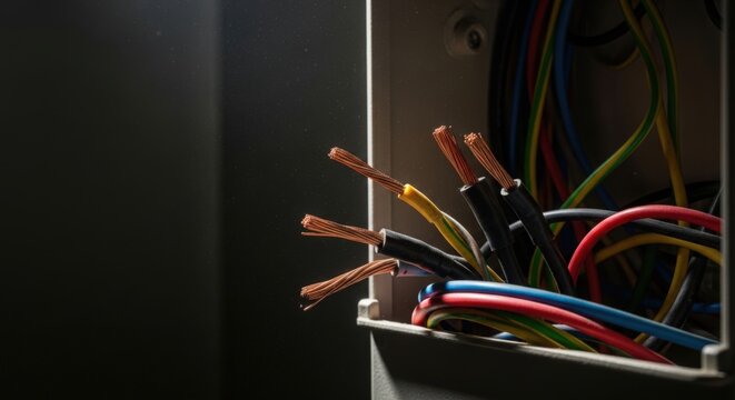 Electrical wires in control box with copper connections and colorful strands visible for industrial applications. Electrical wiring exposed in control unit highlights safety and efficiency.