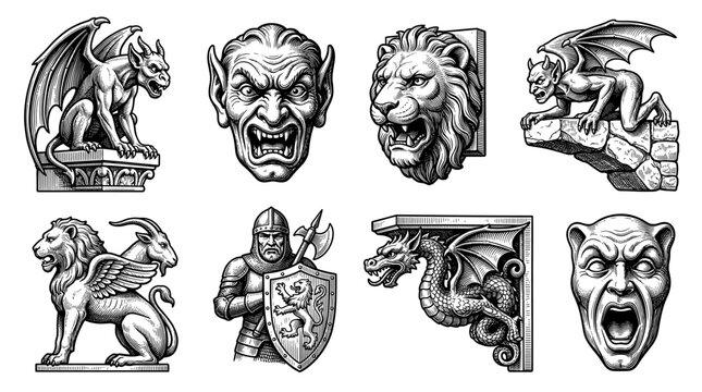Gothic Gargoyles and Medieval Mythical Creatures Vector Set, Hand Drawn Engraving Style Illustrations of Monsters, Knight, Dragon, and Grotesque Stone Sculptures