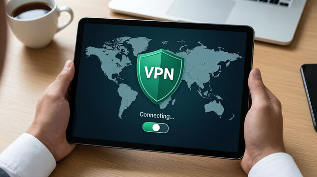 Person using VPN on tablet with world map background, connecting securely at desk with coffee and laptop
