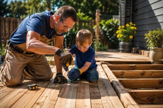 Father teaching his little son how to build or repair a wooden deck veranda in the backyard. Concept of family bonding, parenting, manual labor, home improvement, and DIY.