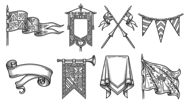 Collection of vintage medieval flags and heraldic banners in hand drawn engraving style. Set of royal standards, pennants, scrolls and trumpet banners for historical and fantasy design.