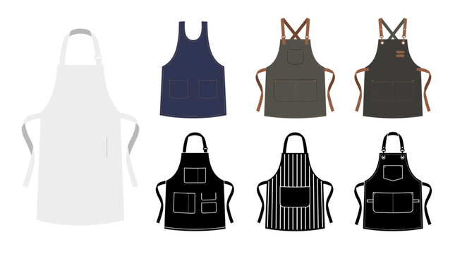 Professional vector collection featuring different kitchen apron designs, classic chef apron, bib apron, cross back apron, pocket cooking apron, bakery apron, premium professional kitchen apron