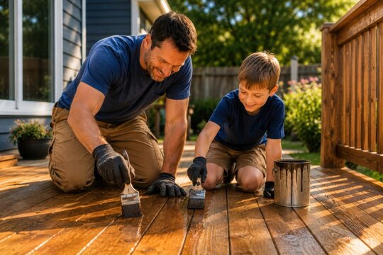 Father and his little son wearing gloves and coating a wooden deck with protective oil or stain using paintbrushes. Concept of wood finishing, home improvement, and family teamwork.