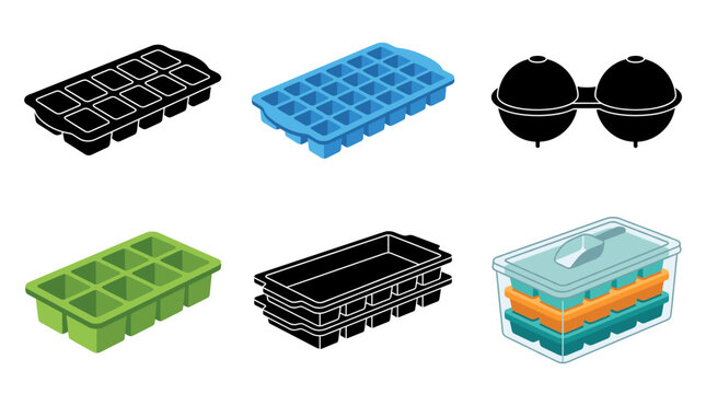 Professional vector collection featuring different ice tray designs, silicone ice cube tray, plastic ice mold, sphere ice mold, large cube ice tray, stackable ice tray, premium freezer ice mold set