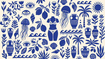 Blue and white botanical and marine life illustration with eyes and female figure © Jamalvect