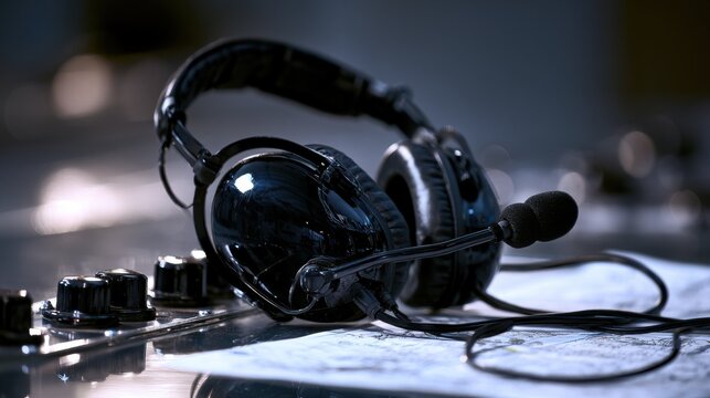 Glossy black aviation headset with microphone