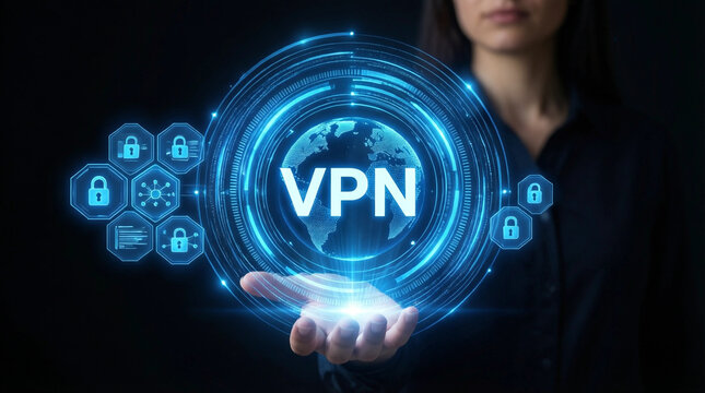 Woman holding glowing VPN hologram with global network security icons in futuristic digital interface