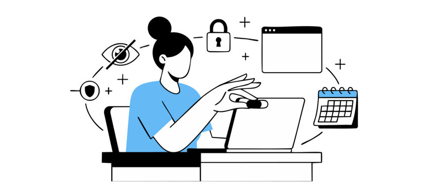 Webcam privacy cover woman laptop protecting personal data and cyber security online, flat vector illustration of digital safety, internet privacy shield lock concept graphic for business technology