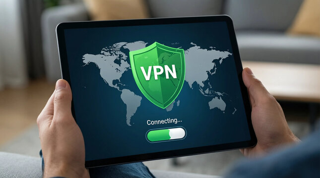 Person using VPN on tablet, connecting to secure internet with world map background