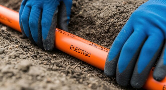 Electric cable installation with worker hands in blue gloves holding orange pipe buried in dirt. Electric cable is being placed in soil for underground connections.