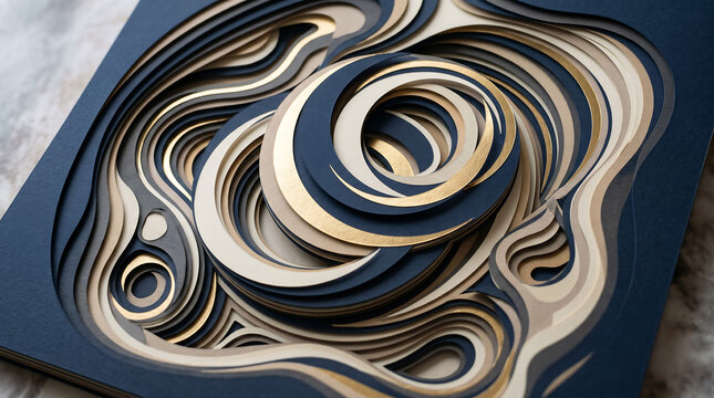 Layered paper with concentric circular waves in navy blue, cream, and gold, creating a three-dimensional topographic relief effect