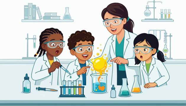 Elementary Pupils Performing Chemistry Experiment in School Science Laboratory Classroom Vector Illustration