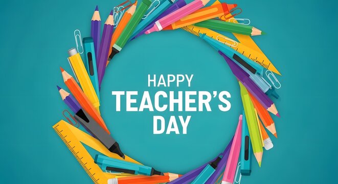 Happy teacher's day illustration with school supplies in a circular arrangement