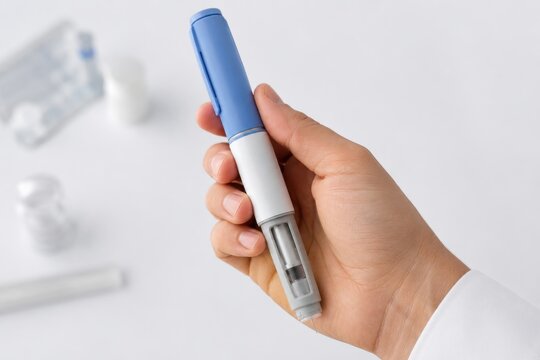 Close up of a doctor's hand holding a medical injector pen for insulin or weight loss medication. Blurred white background with ampoules, healthcare and diabetes treatment concept.
