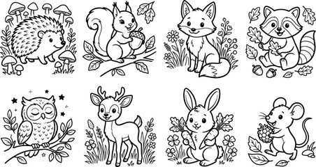 Obraz premium Cute Woodland Forest Animal Coloring Page Collection with Cartoon Wildlife for Kids Activities